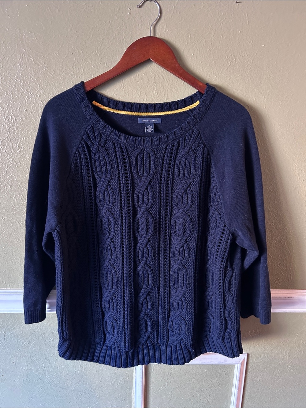 Tommy Hilfiger Navy Preppy Academia Cable-Knit Cotton Crewneck Sweater XL